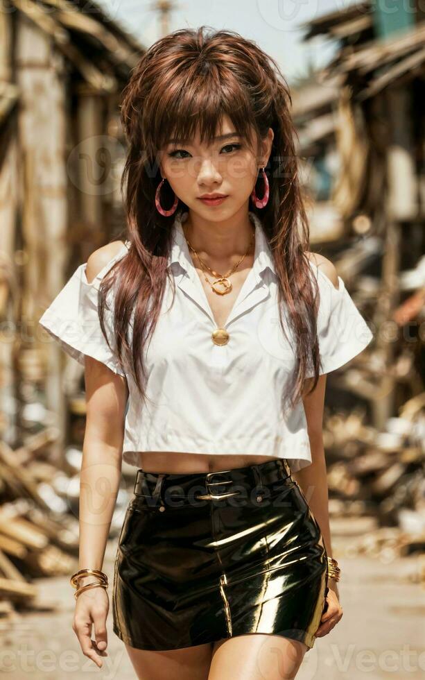 photo of teenage playful asian woman with accessories and mullet hairstyle, generative AI