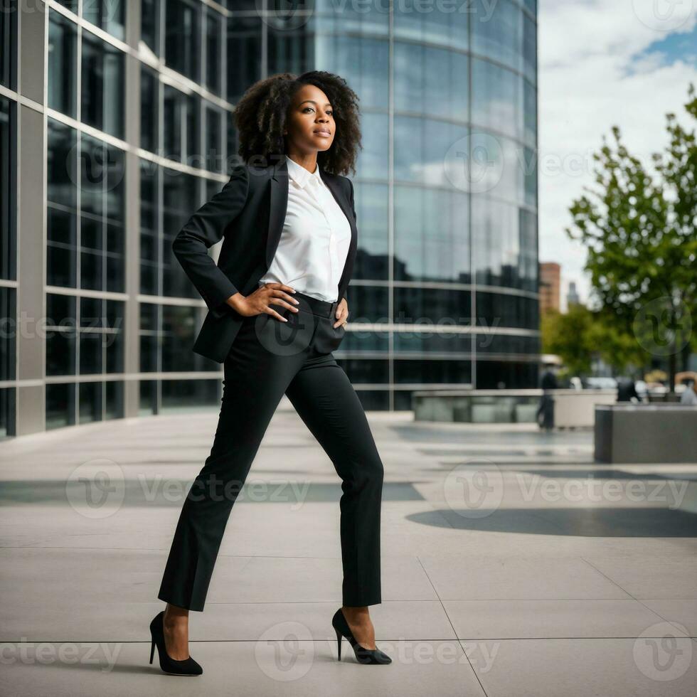 foto de inteligente africano mujer con negro negocio traje a grande moderno ciudad, generativo ai