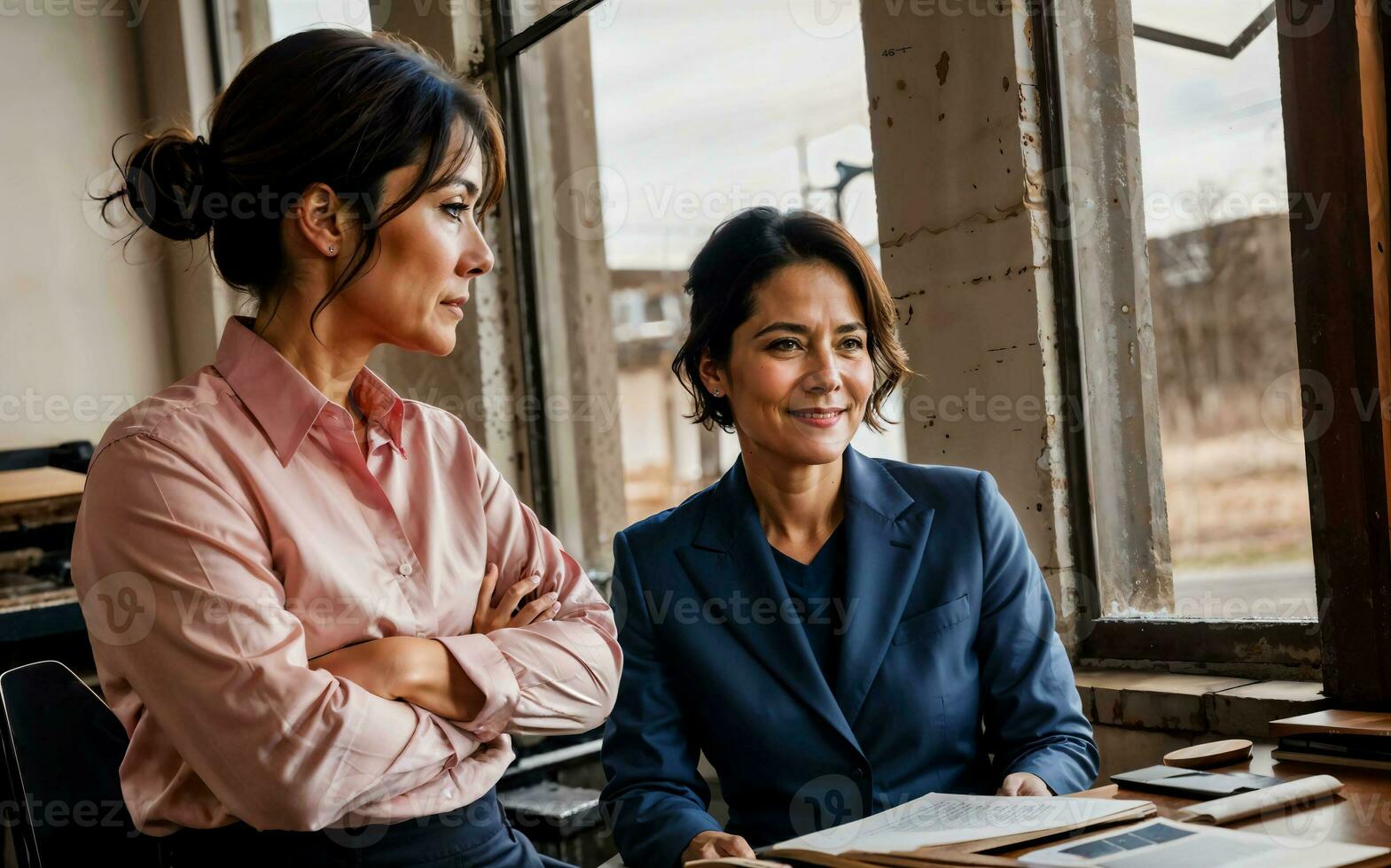 photo of working entrepreneur woman at factory with machine and worker, generative AI