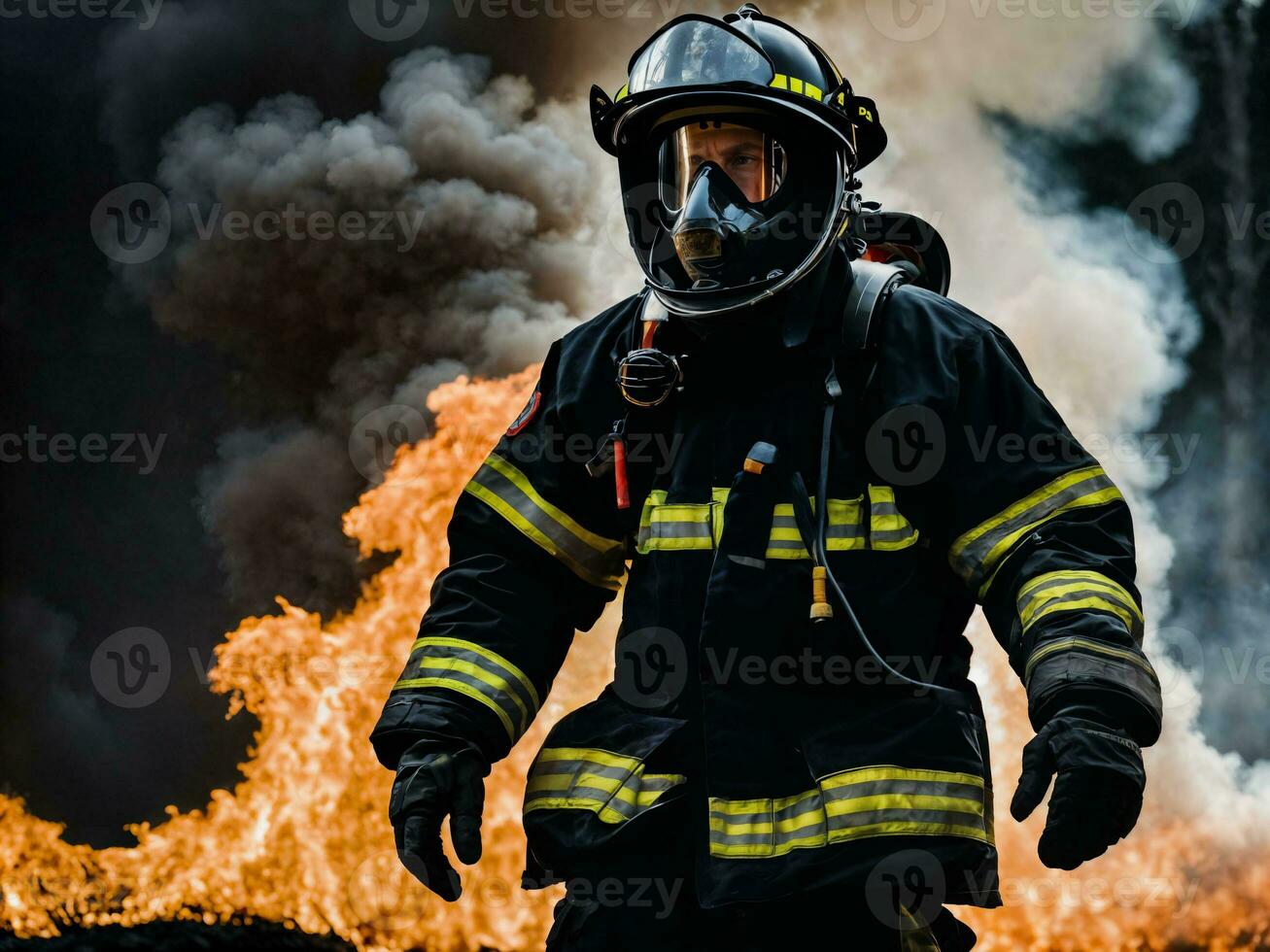 photo of firefighter with big fire cloud and smoke in background, generative AI