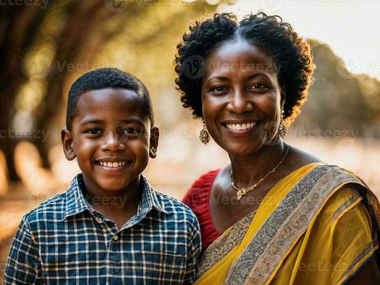 photo of happy family black mother and son, generative AI