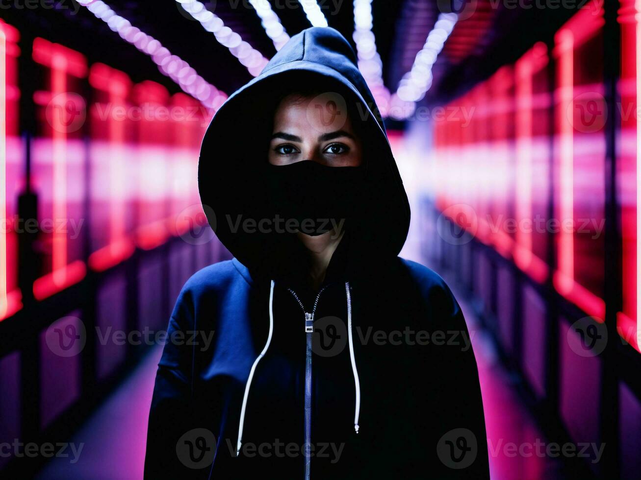 photo of woman in black hoodie in server data center room with neon light, generative AI