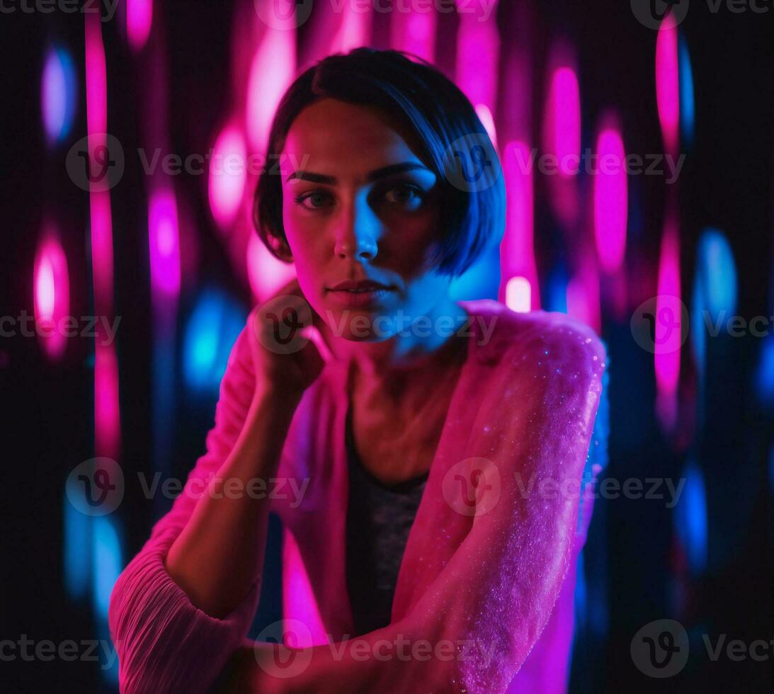 photo of beautiful woman with short hair and mixed pink neon light, generative AI