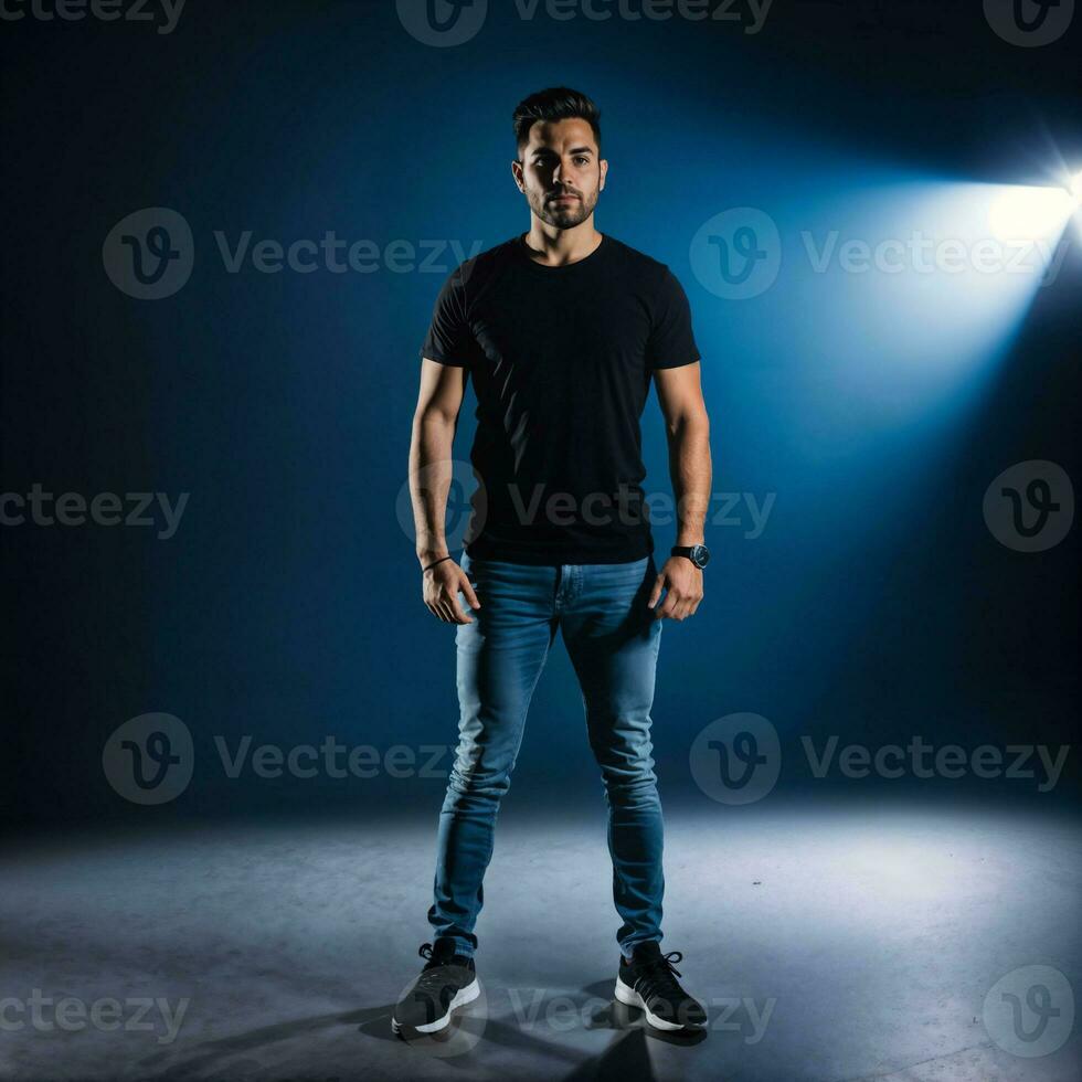 photo of handsome man with blue light on black background, generative AI