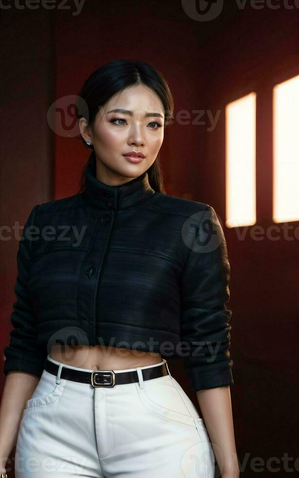photo of asian woman in jacket outfit with colorful light in background, generative AI