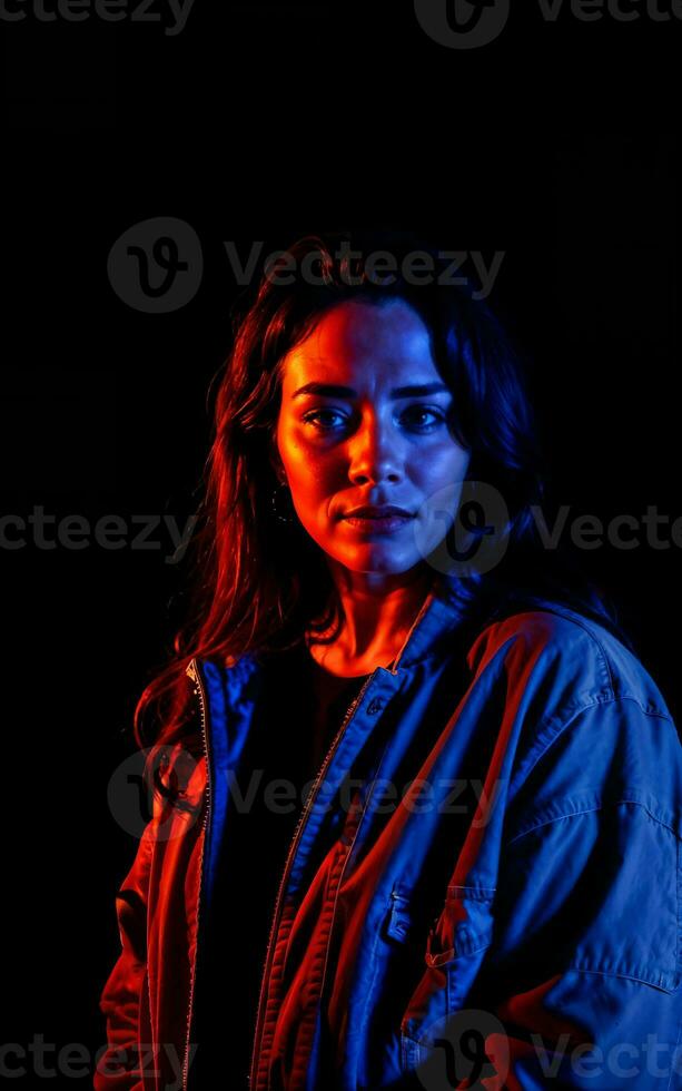 photo of beautiful woman with mixed red and blue lighting , generative AI