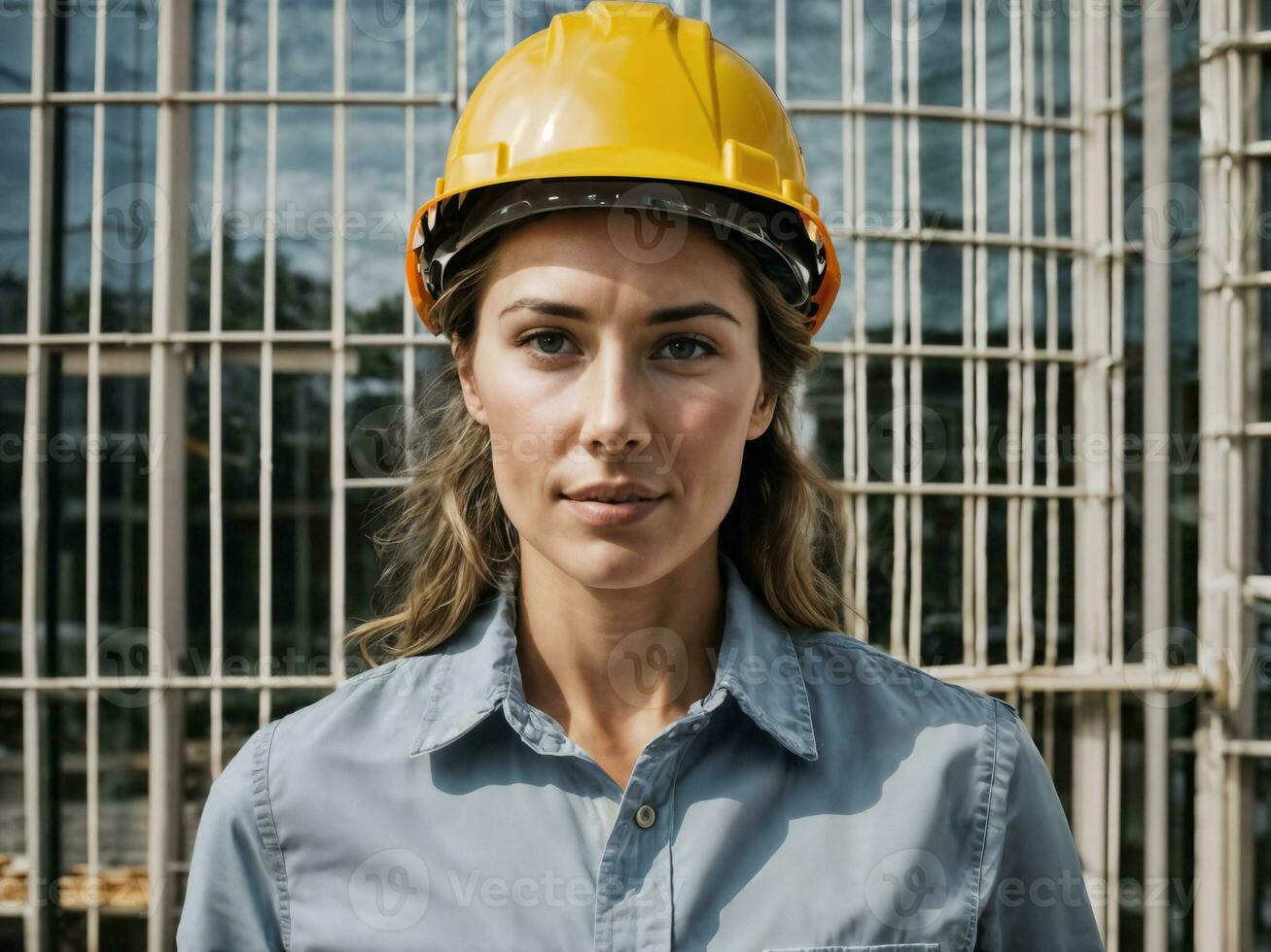 photo of woman as a construction worker with helmet, generative AI