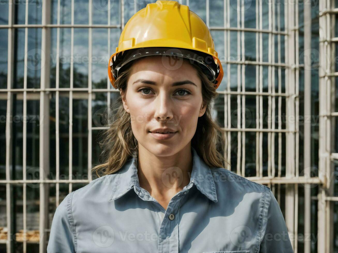 photo of woman as a construction worker with helmet, generative AI