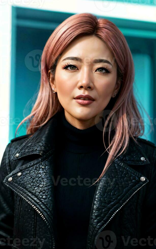 photo of asian woman in jacket outfit with colorful light in background, generative AI