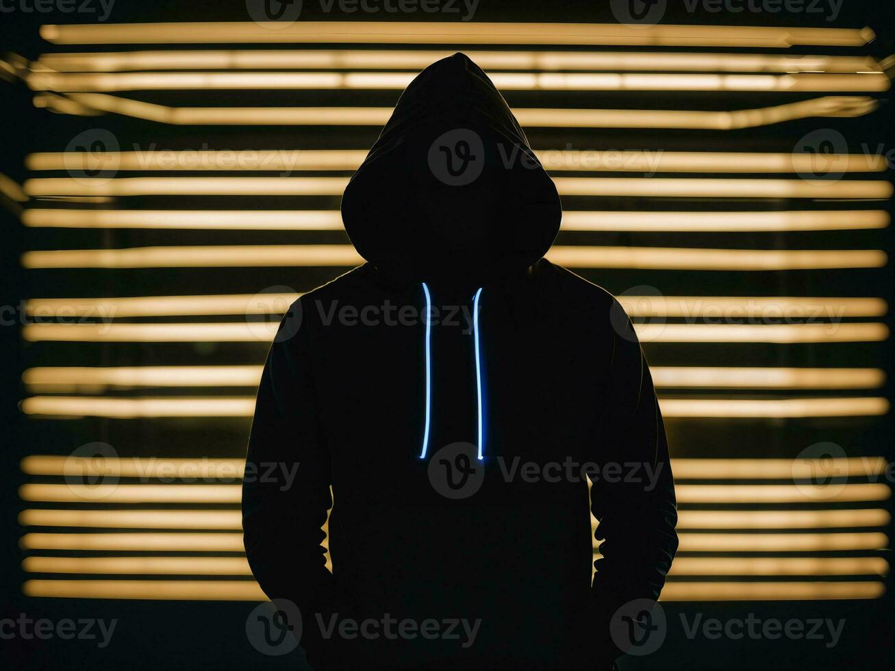photo of man in black hoodie in server data center room with neon light, generative AI