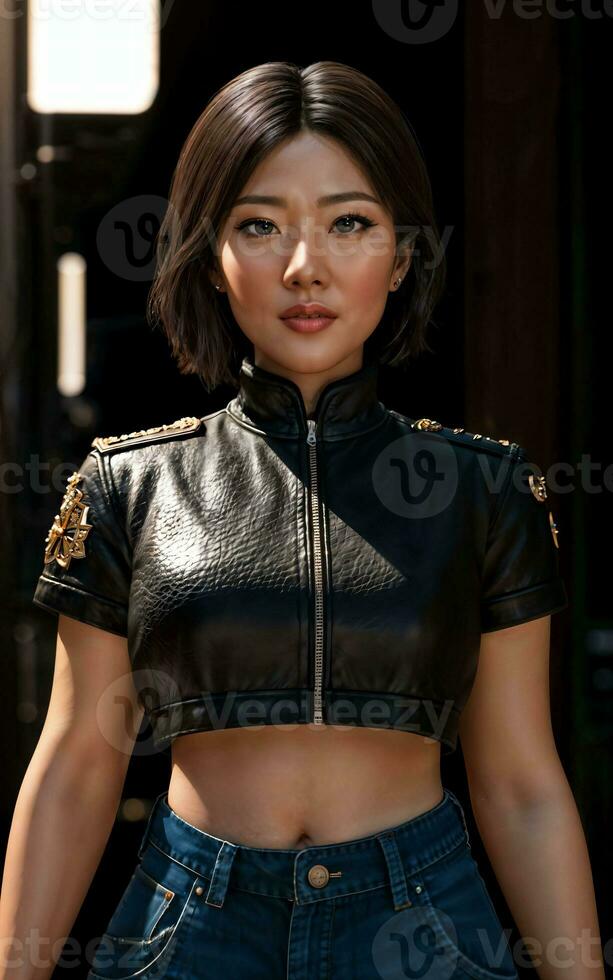 photo of asian woman in jacket outfit with colorful light in background, generative AI