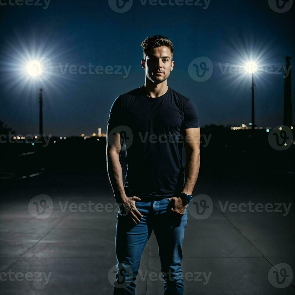 photo of handsome man with blue light on black background, generative AI