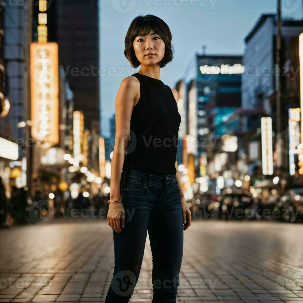 photo of beautiful japanese asian woman with short hair, generative AI