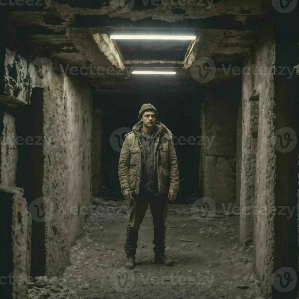 survivor people at apocalypse world in underground basement bunker , generative AI photo