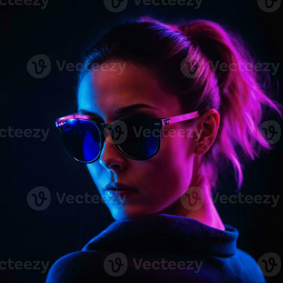 photo of beautiful woman with with mixed pink and blue neon light, generative AI