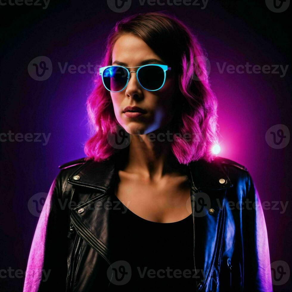 photo of beautiful woman with with mixed pink and blue neon light, generative AI