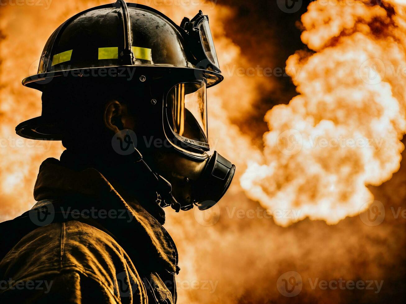 photo of firefighter with big fire cloud and smoke in background, generative AI