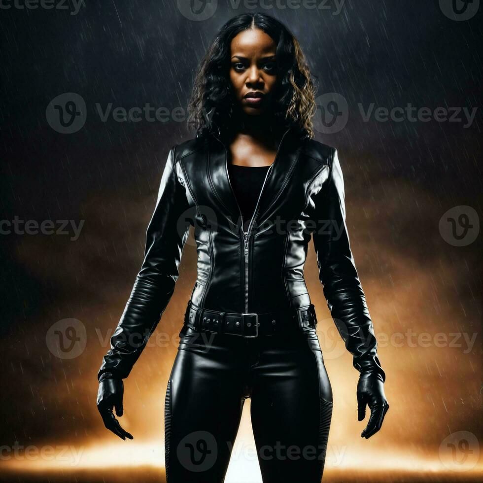 photo of strong african woman with black leather suit in heavy rain night, generative AI