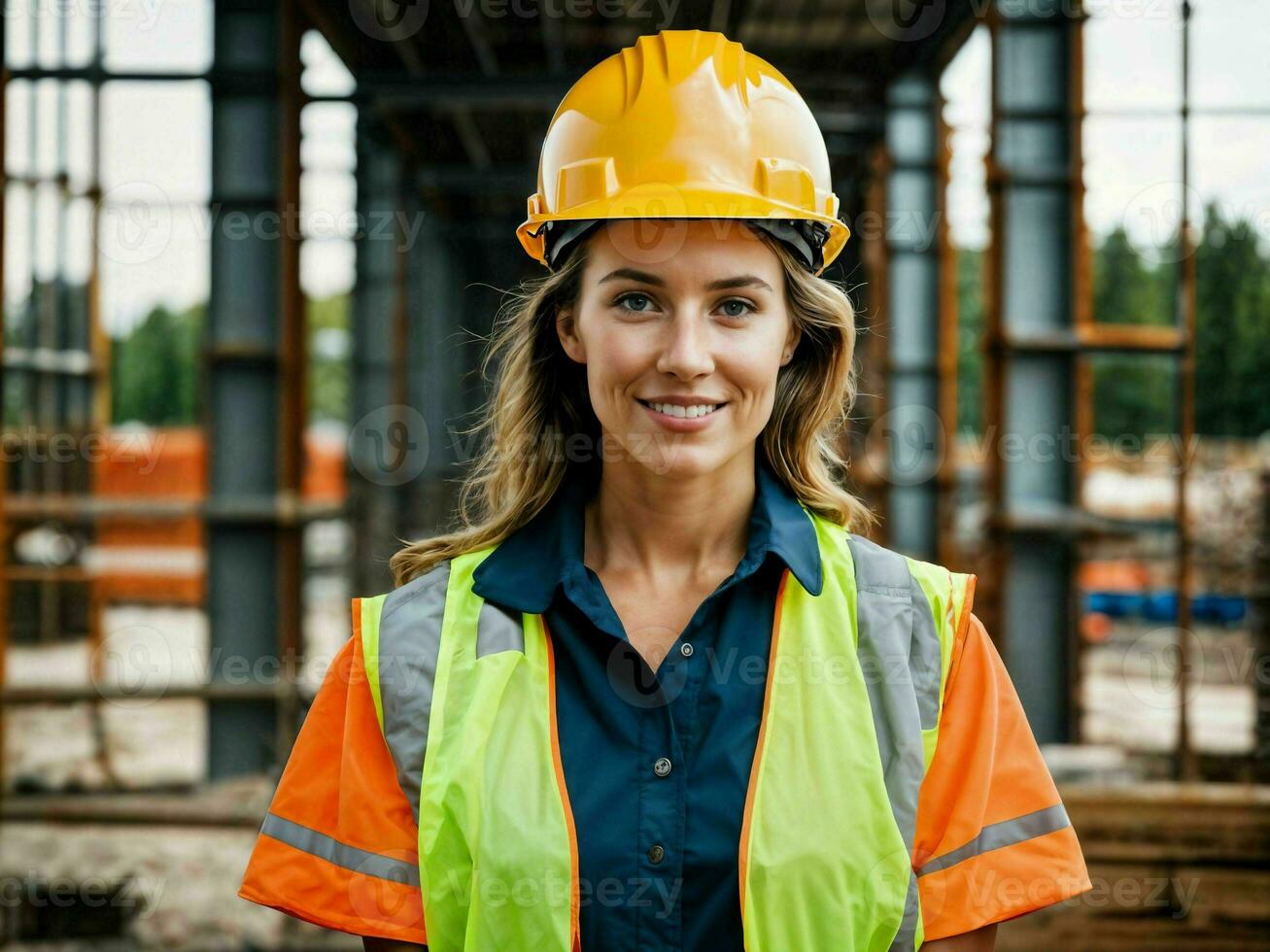 photo of woman as a construction worker with helmet, generative AI