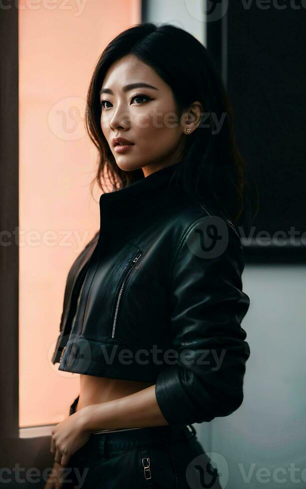 photo of asian woman in jacket outfit with colorful light in background, generative AI