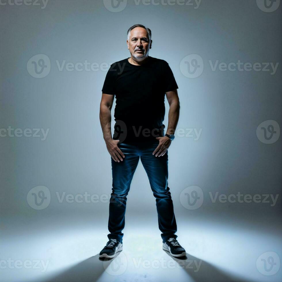 photo of middle aged old man with blue light on black background, generative AI