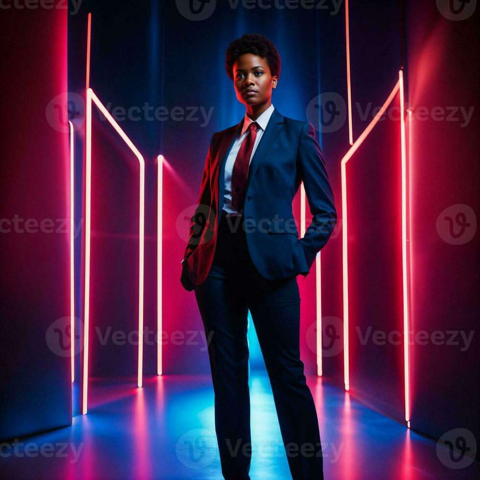 photo of smart african woman with business suit at neon mxied red and blue light sci fi background, generative AI