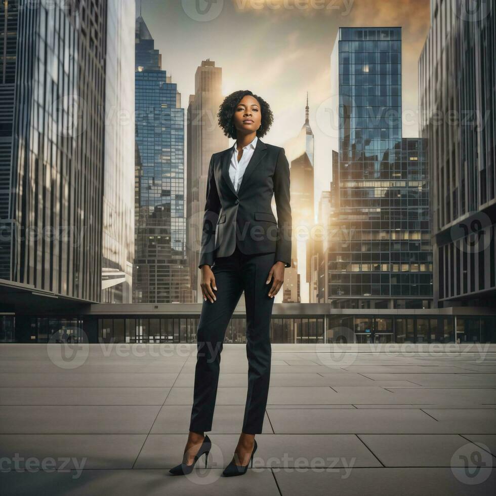 foto de inteligente africano mujer con negro negocio traje a grande moderno ciudad, generativo ai