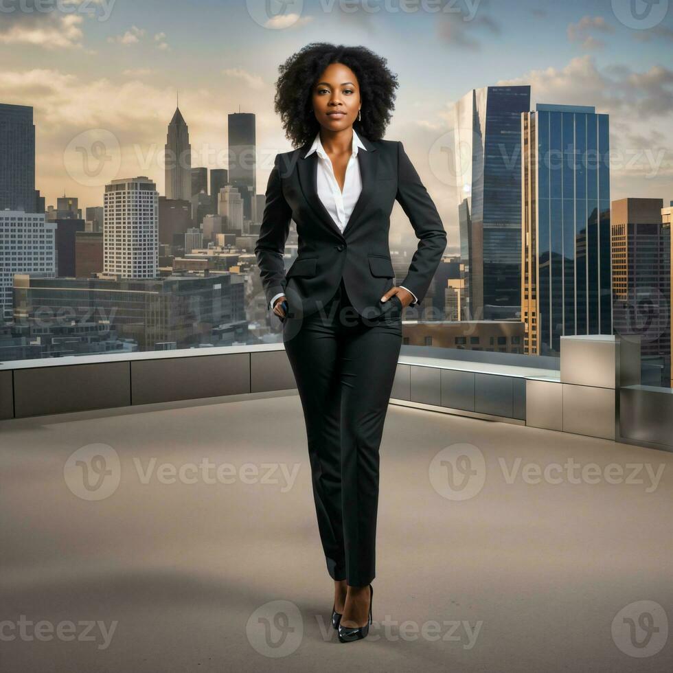 photo of smart african woman with black business suit at big modern city, generative AI