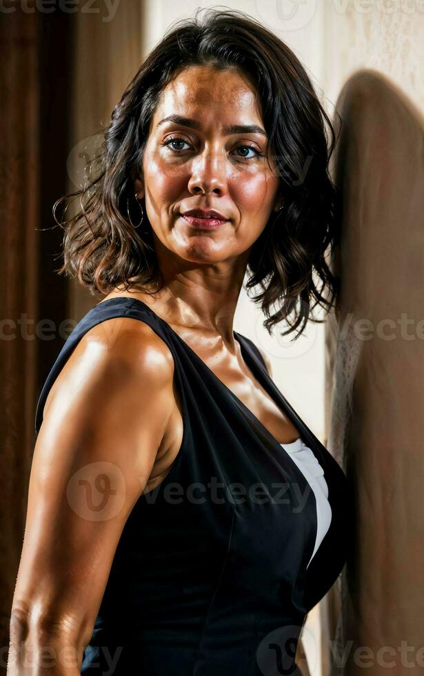 photo of working happy woman at house resident , generative AI