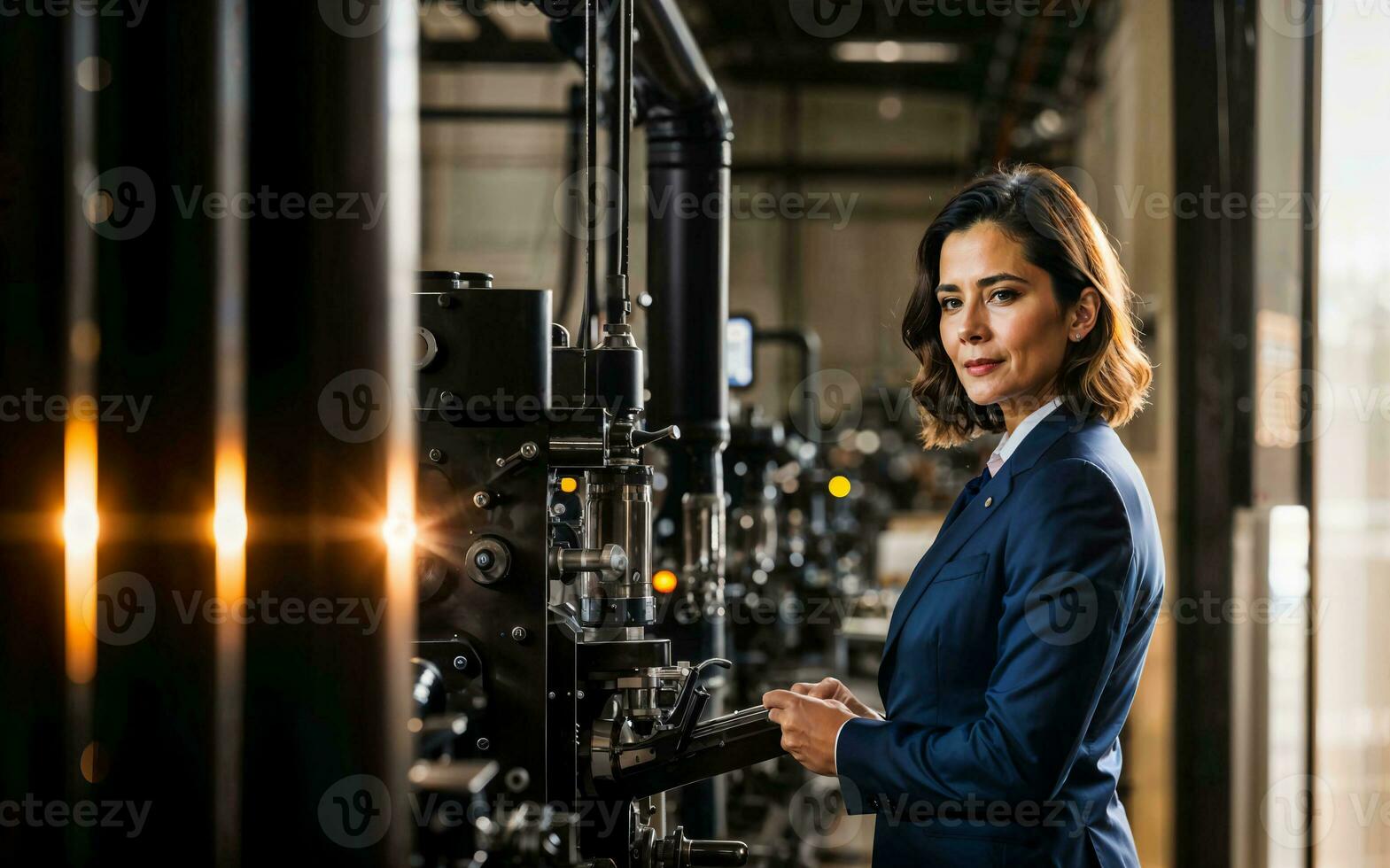 foto de trabajando empresario mujer a fábrica con máquina y obrero, generativo ai