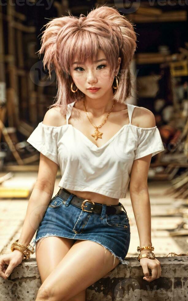 photo of teenage playful asian woman with accessories and mullet hairstyle, generative AI