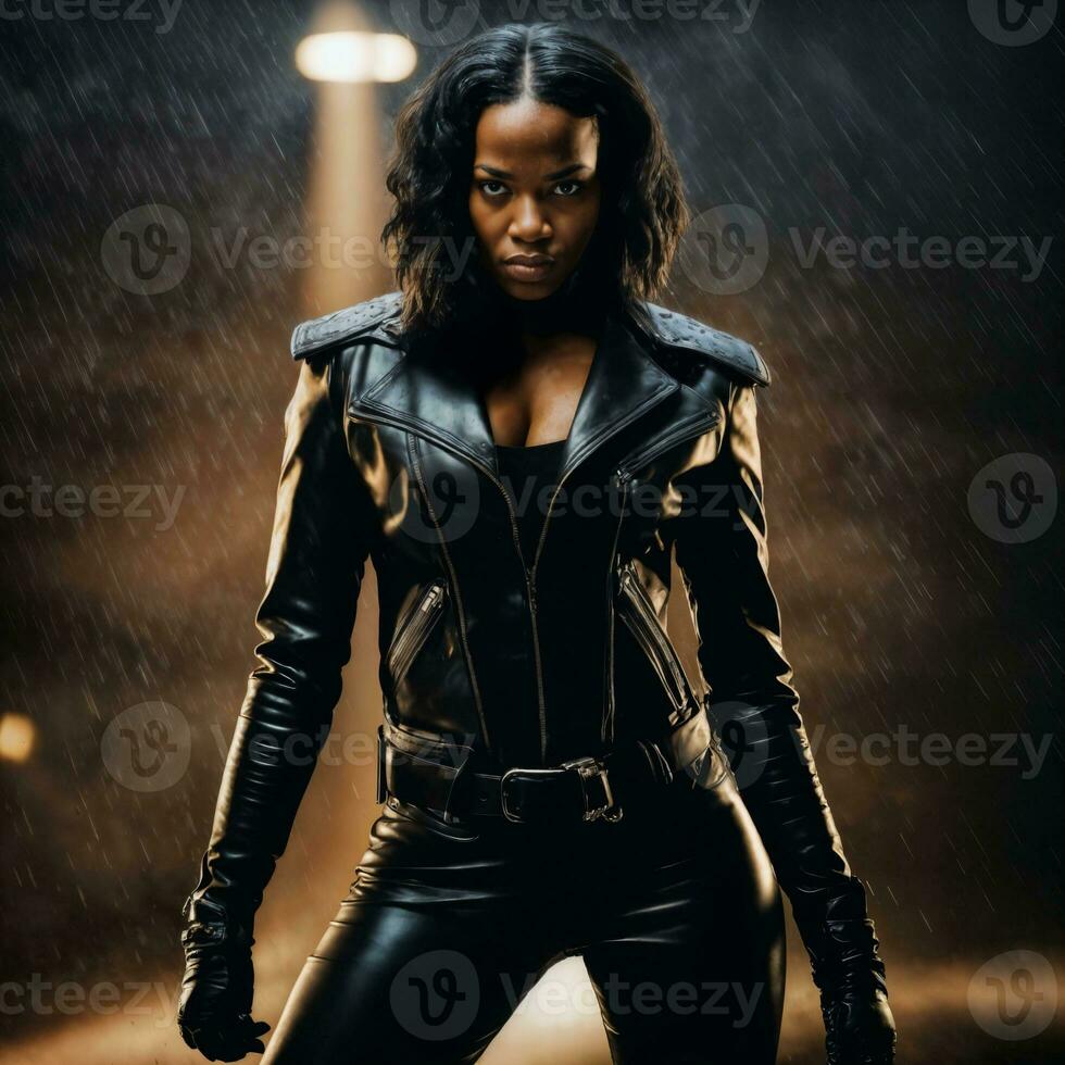 photo of strong african woman with black leather suit in heavy rain night, generative AI