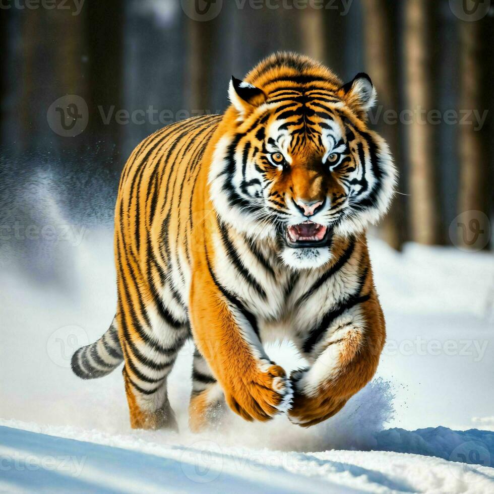 photo of big tiger running in the forest, generative AI