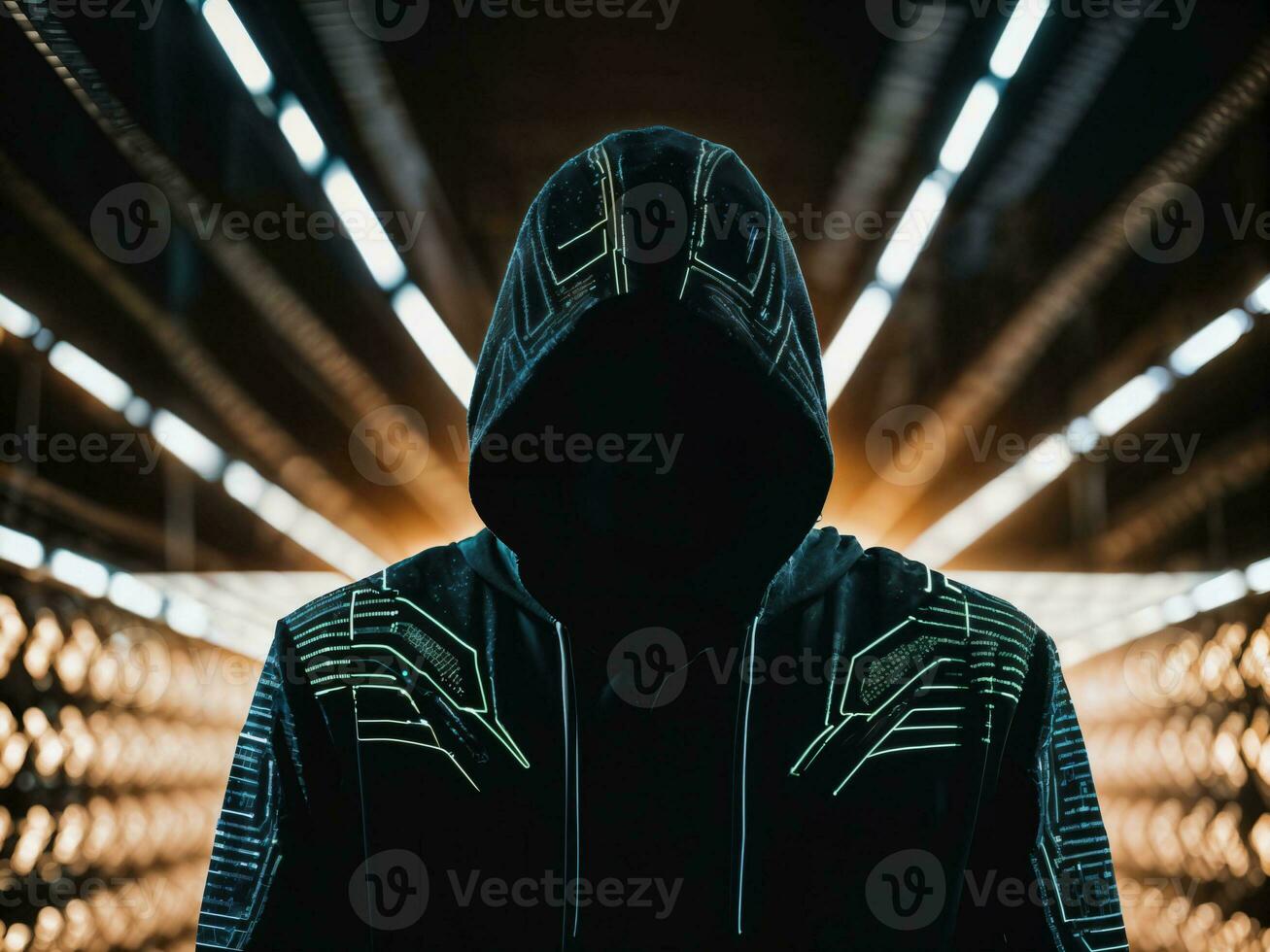 photo of man in black hoodie in server data center room with neon light, generative AI