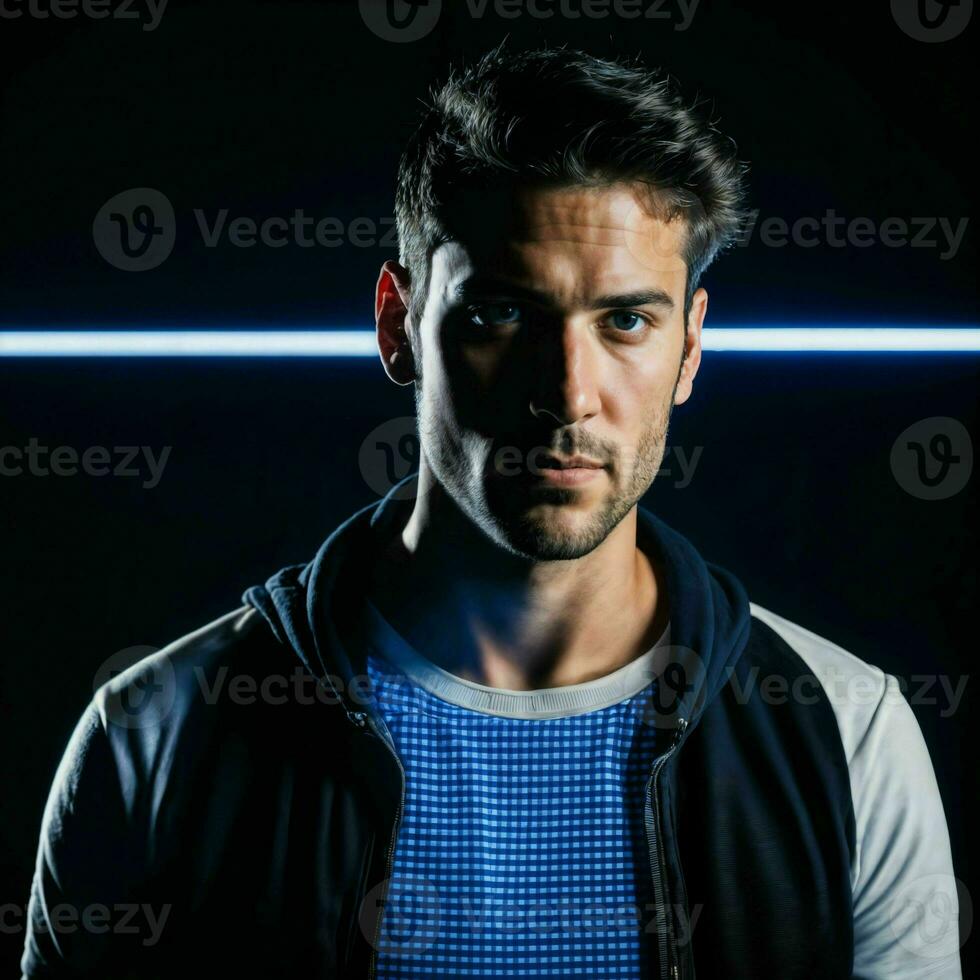 photo of handsome man with blue light on black background, generative AI