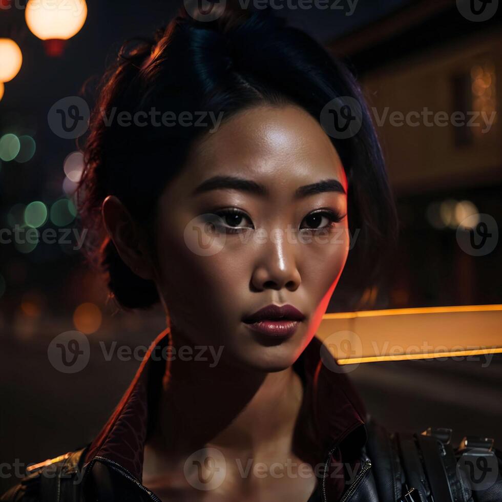 photo of asian woman at street night with light,