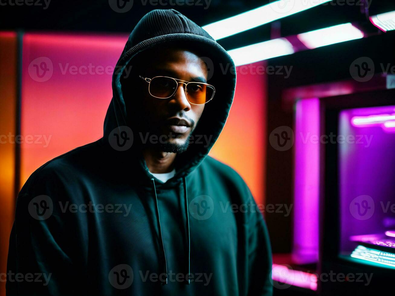 photo of black man in black hoodie in server data center room with neon light, generative AI