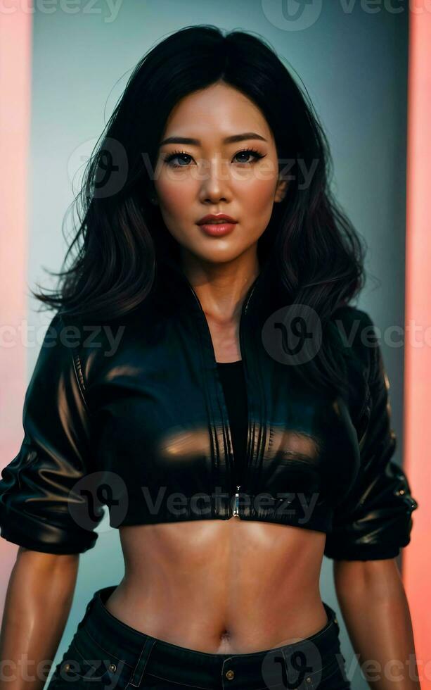 photo of asian woman in jacket outfit with colorful light in background, generative AI