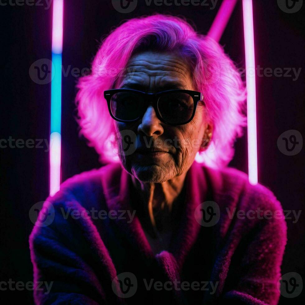 photo of middle aged old woman with with mixed pink and blue neon light, generative AI