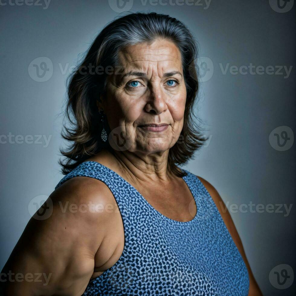 photo of middle aged old woman with blue light on black background, generative AI