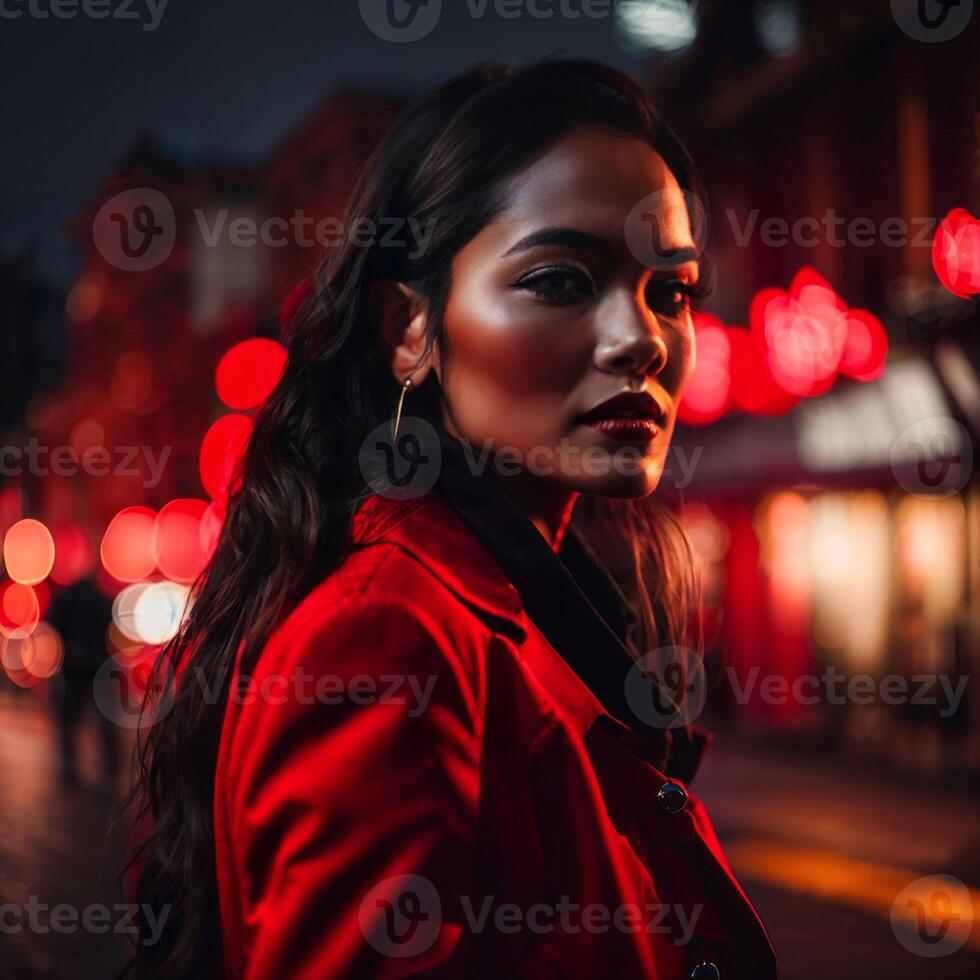 photo of woman in red cloth at street night with light,