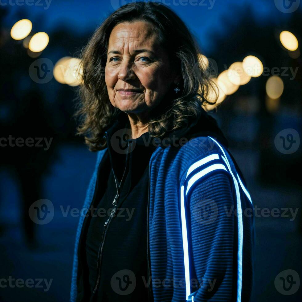 photo of middle aged old woman with blue light on black background, generative AI