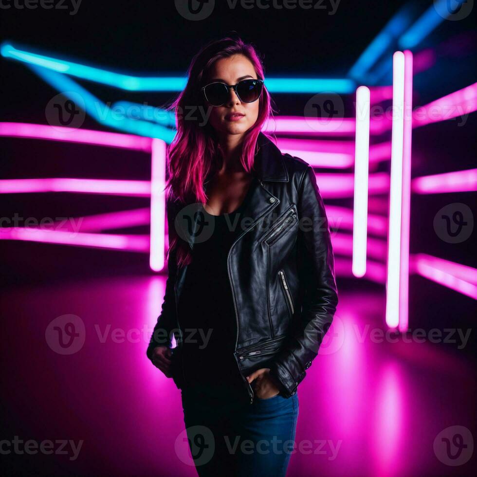 photo of beautiful woman with with mixed pink and blue neon light, generative AI