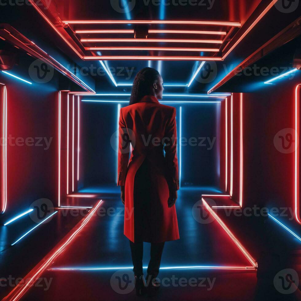 photo of smart african woman with business suit at neon mxied red and blue light sci fi background, generative AI