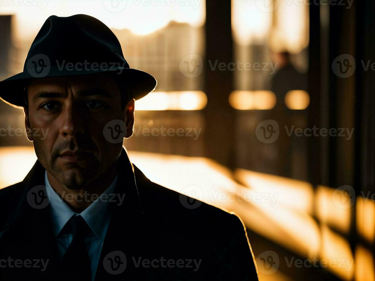 photo of serious detective man in crime scene, generative AI