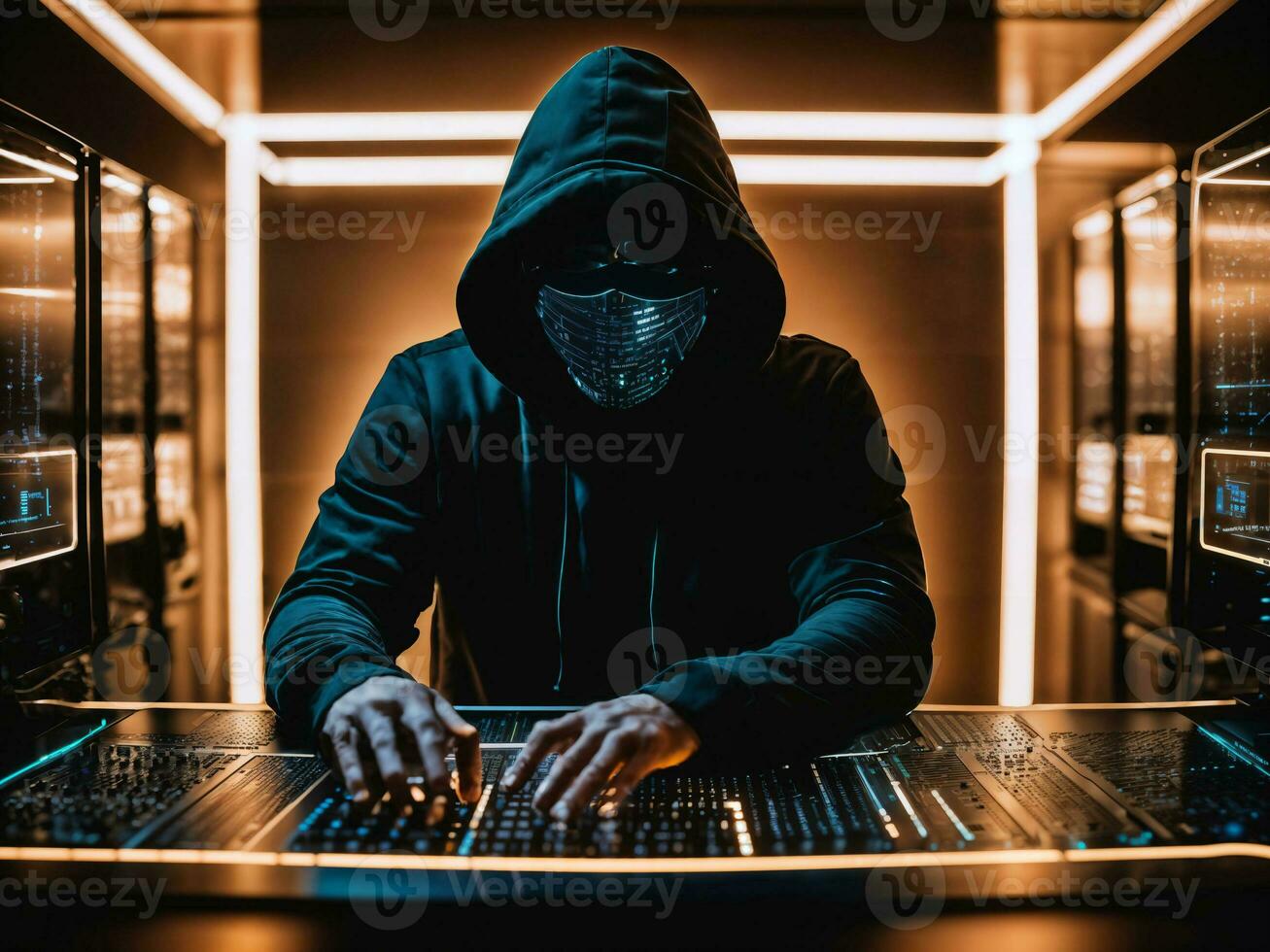 photo of man in black hoodie in server data center room with neon light, generative AI