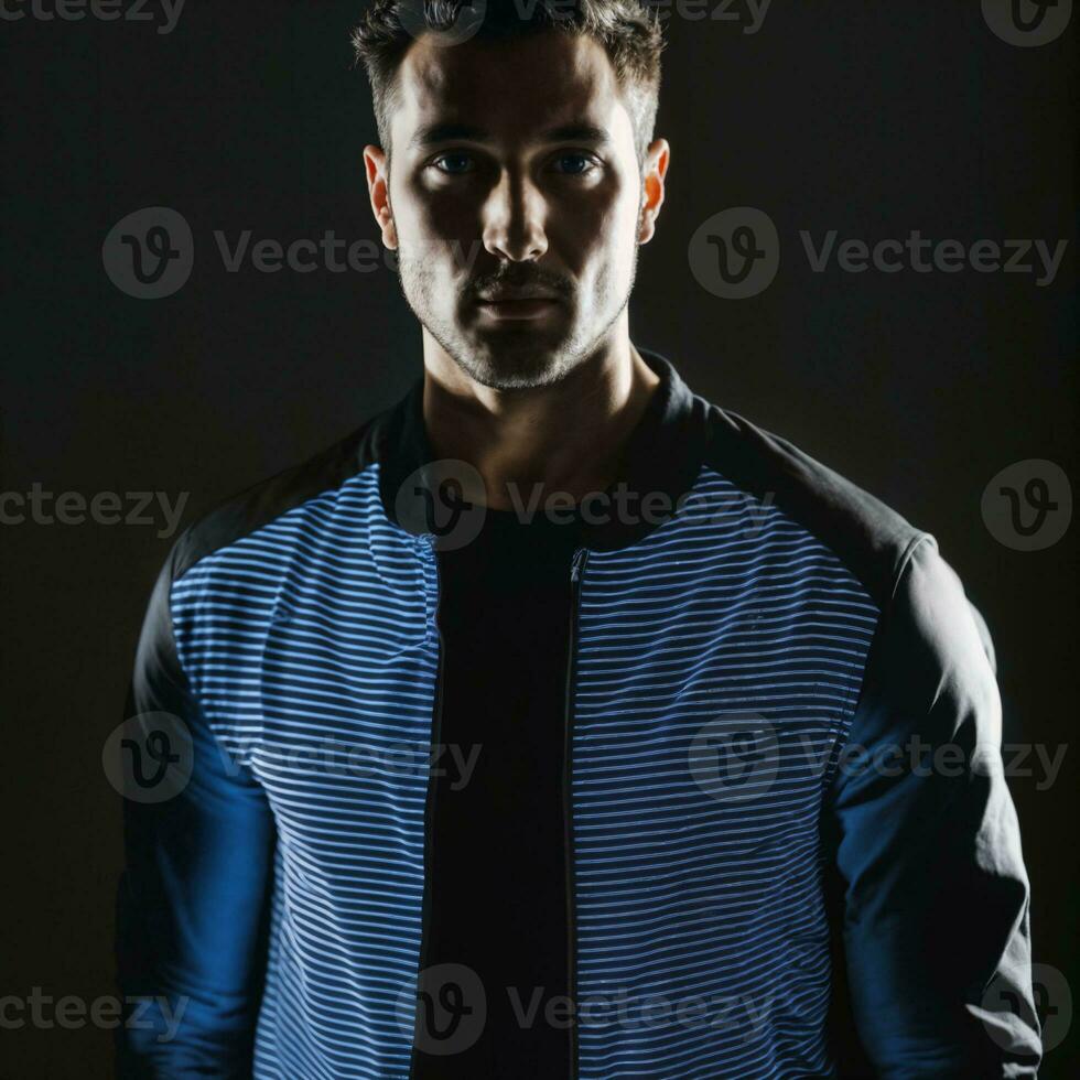 photo of handsome man with blue light on black background, generative AI