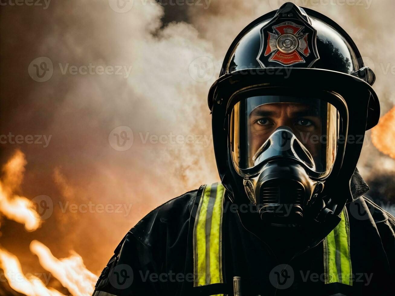 photo of firefighter with big fire cloud and smoke in background, generative AI