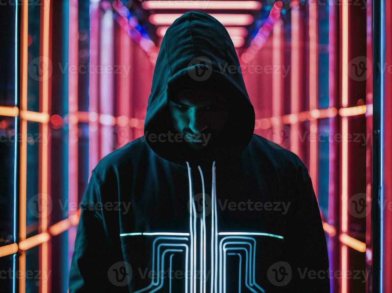 photo of man in black hoodie in server data center room with neon light, generative AI