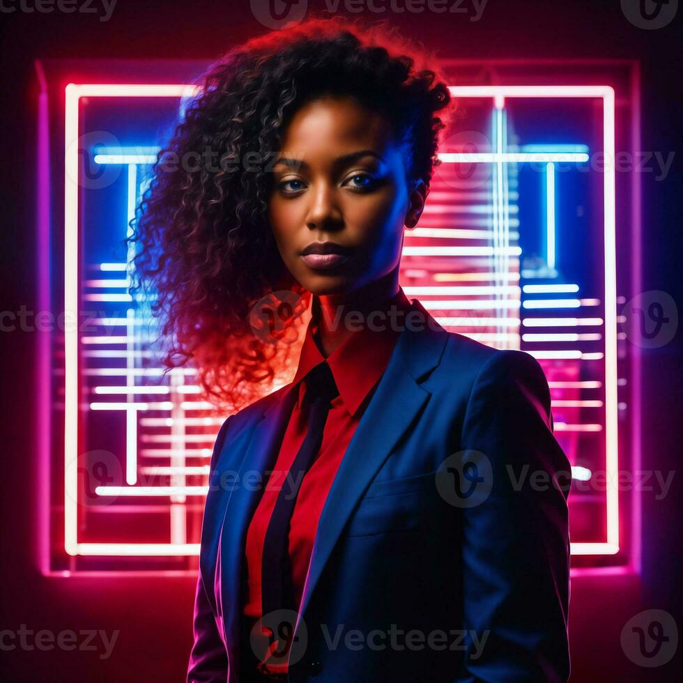 photo of smart african woman with business suit at neon mxied red and blue light sci fi background, generative AI